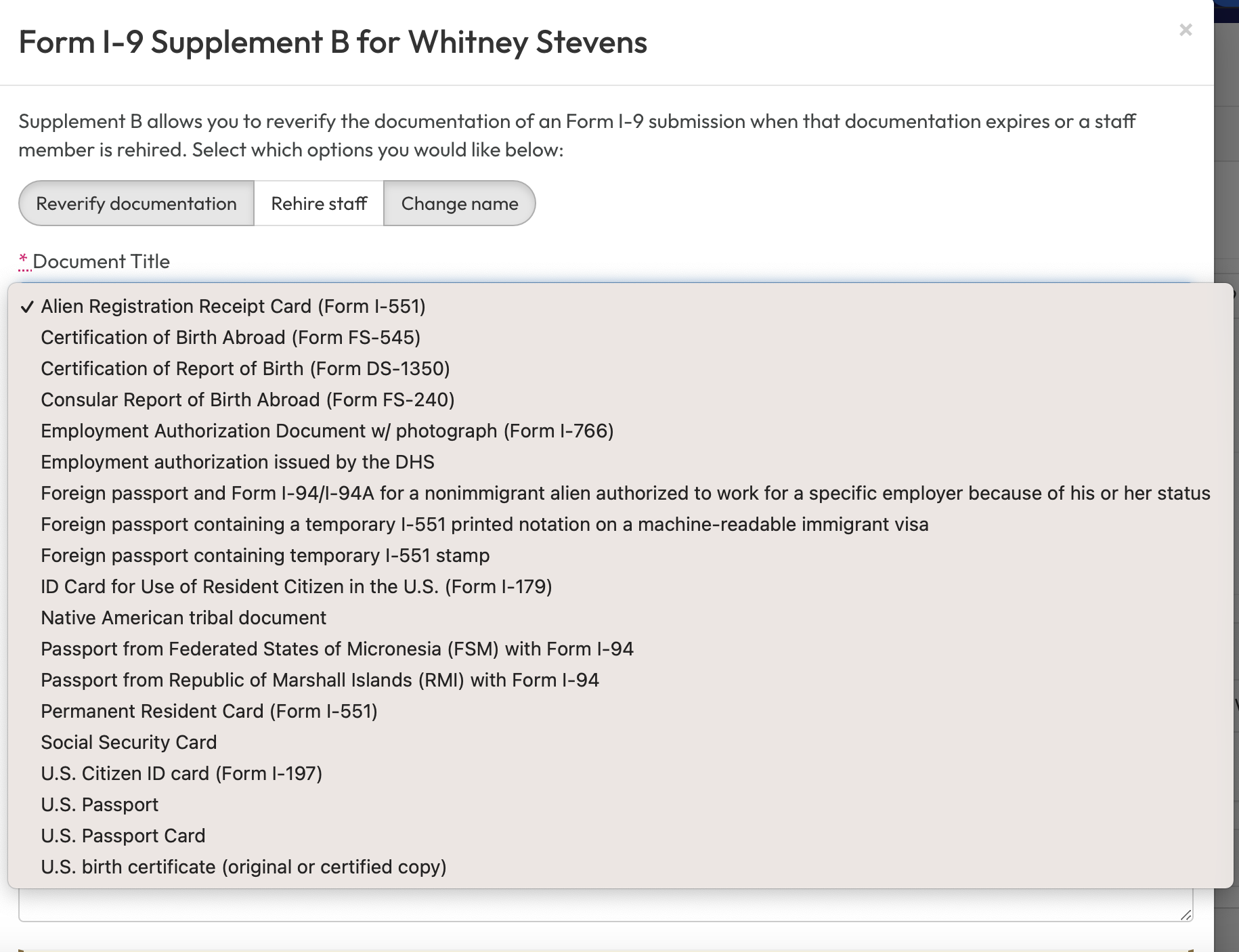 Supplement B of the Form I-9